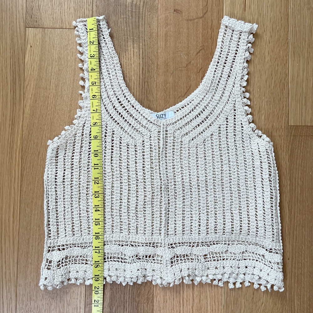 Crocheted Lacy Fringed Cotton Cropped Tank Top in Cream - Picture 7 of 7